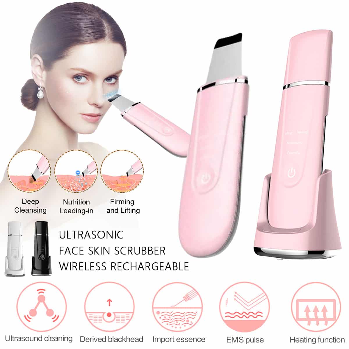 Wireless Charging Base Heating Dead Spatula Face Lift Exfoliating Remove Blackhead Beauty Facial Cleanser Ultrasonic Skin Scrubber插图4