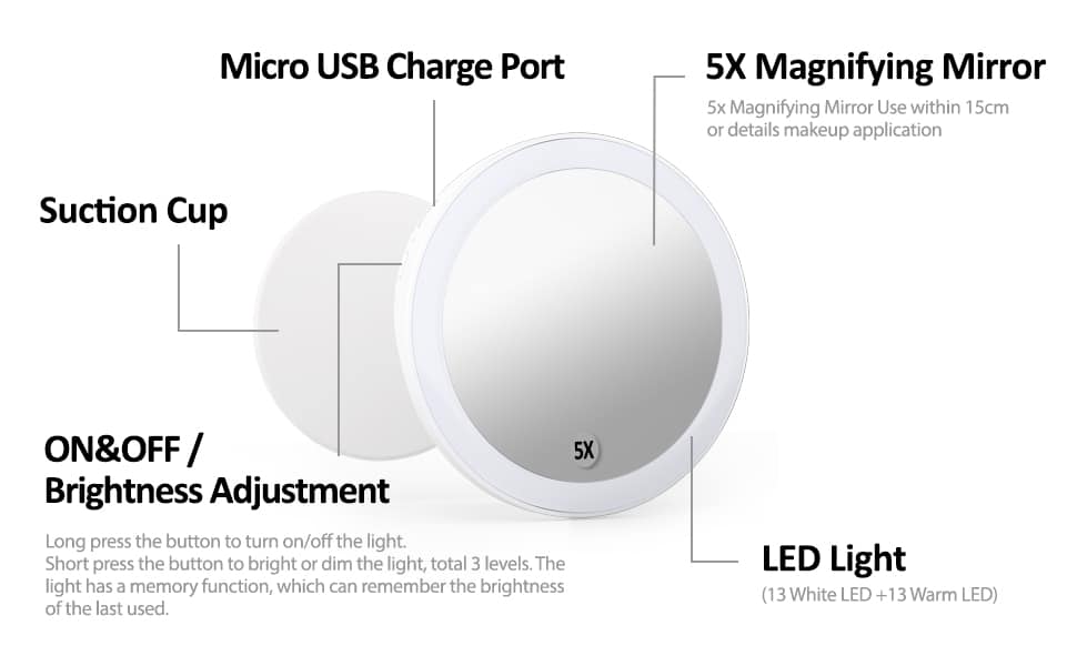 Adsorption Portable Small Fold Mirror Makeup Beauty Rotation HD 5X Enlarge Vanity Table With Light LED Makeup Mirror插图5