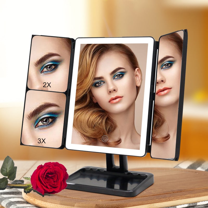 New Rechargeable Folding Makeup Mirror 1X2X3X Three-stage Desktop Beauty Set Vanity Table With Led Light Makeup Mirror插图