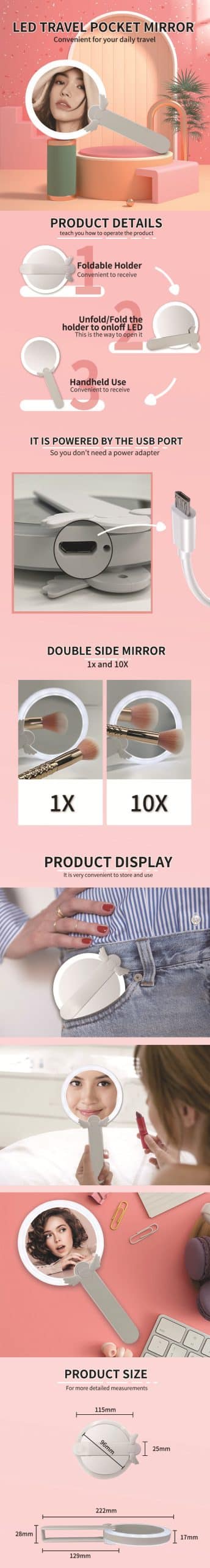 Handheld Double Sided LED Makeup Mirror 10X Beauty Mirror Round Vanity Table With Led Light Folding Makeup Mirror插图