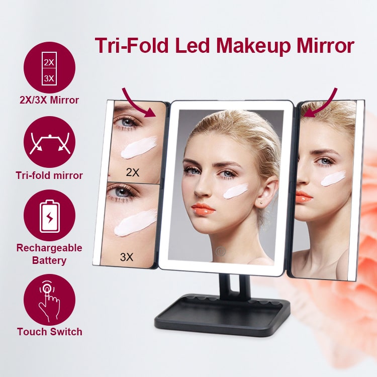 Rechargeable Folding Makeup Mirror 1X2X3X Tri-fold Desktop Tabletop Beauty Set Vanity With Led Light Makeup Mirror插图2