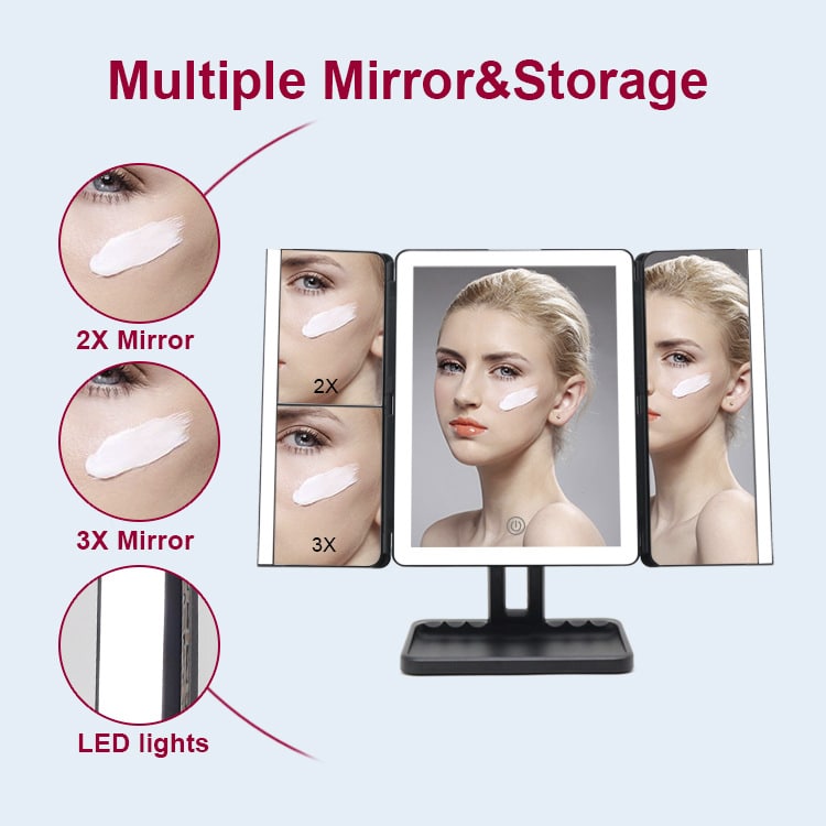 Rechargeable Folding Makeup Mirror 1X2X3X Tri-fold Desktop Tabletop Beauty Set Vanity With Led Light Makeup Mirror插图4