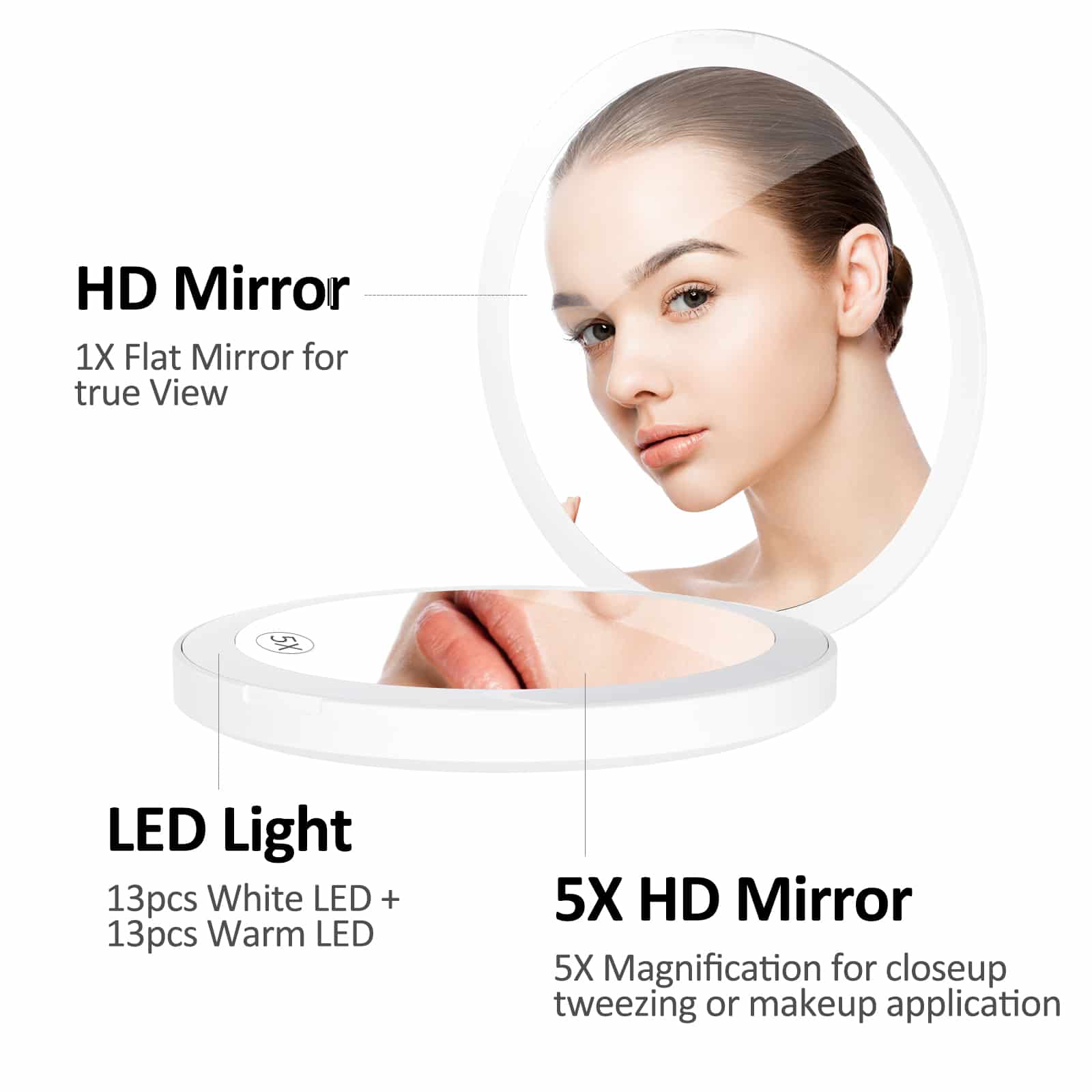 Portable Small Fold Mirror Makeup 180 Degree Rotation HD 5X Enlarge Vanity Table With Light LED Makeup Mirror插图4